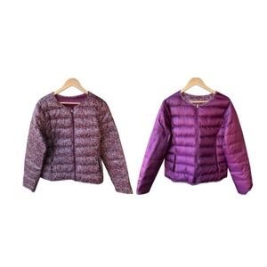 Lands End Jacket Reversible Down Puffer Purple Print Collarless Liner Size Large
